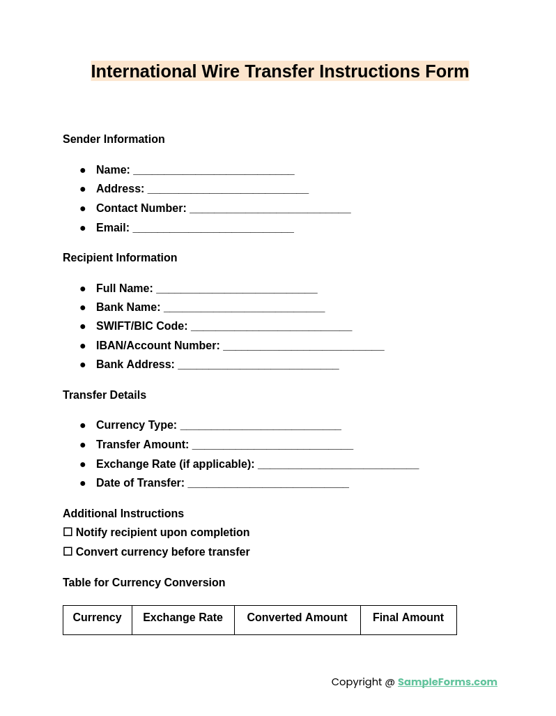 international wire transfer instructions form