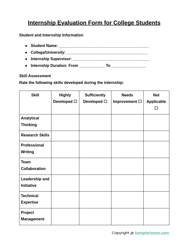 internship evaluation form for college students