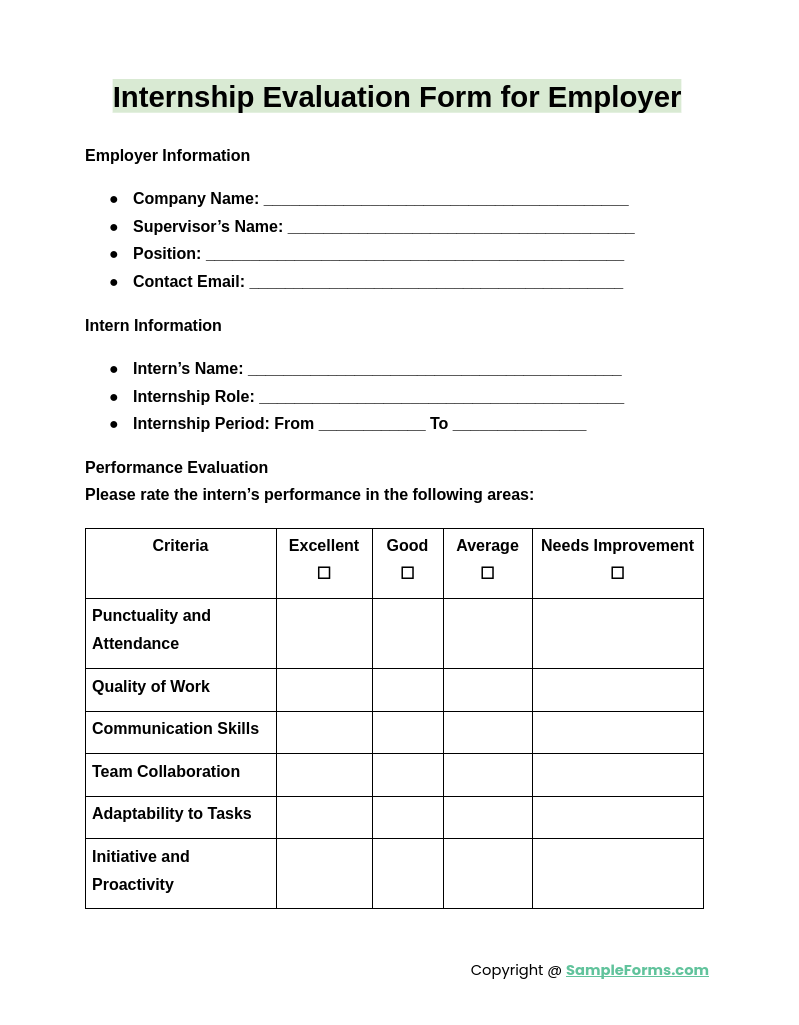 internship evaluation form for employer