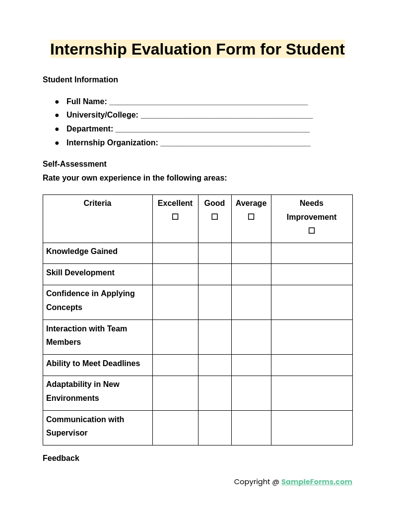 internship evaluation form for student