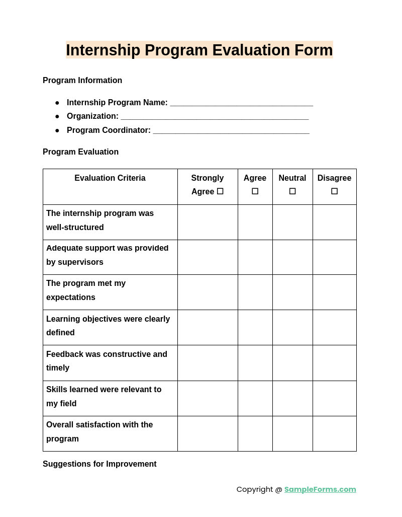 internship program evaluation form