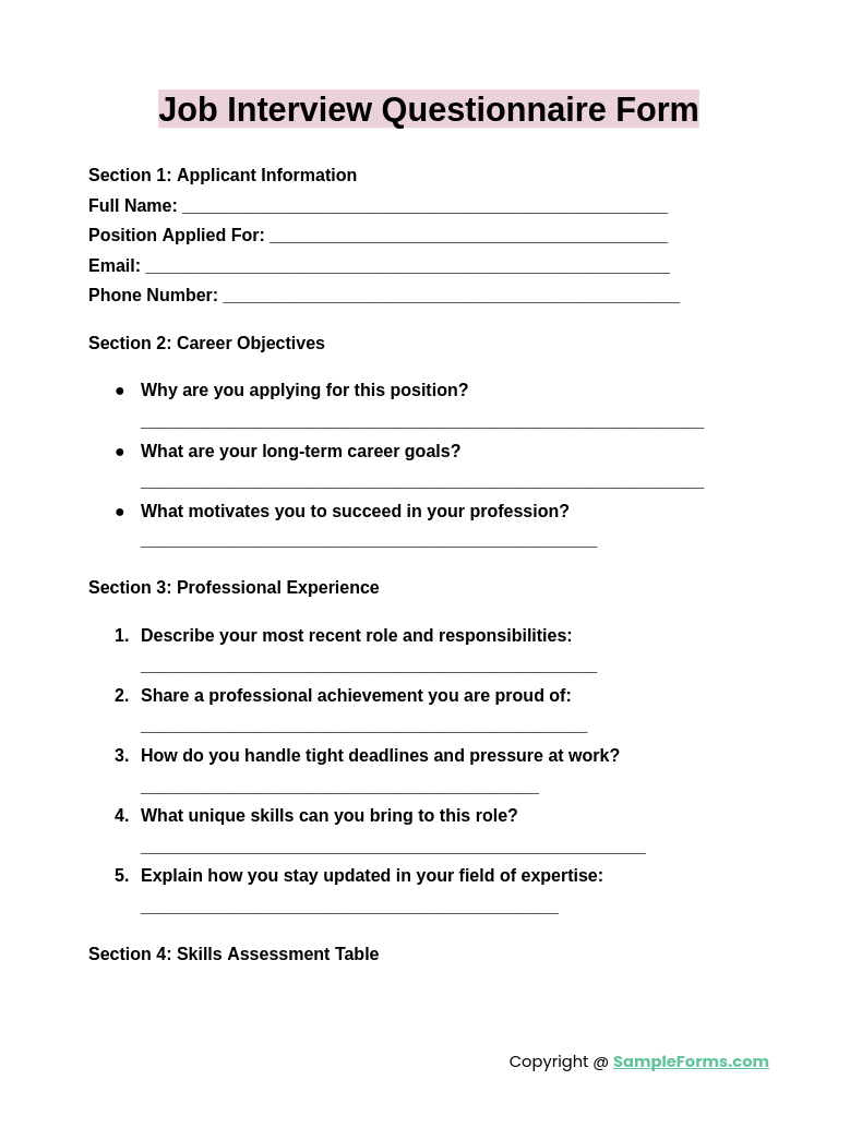 job interview questionnaire form