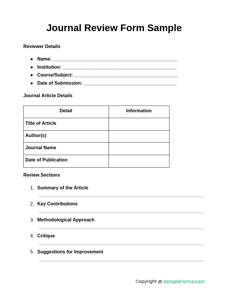 journal review form sample