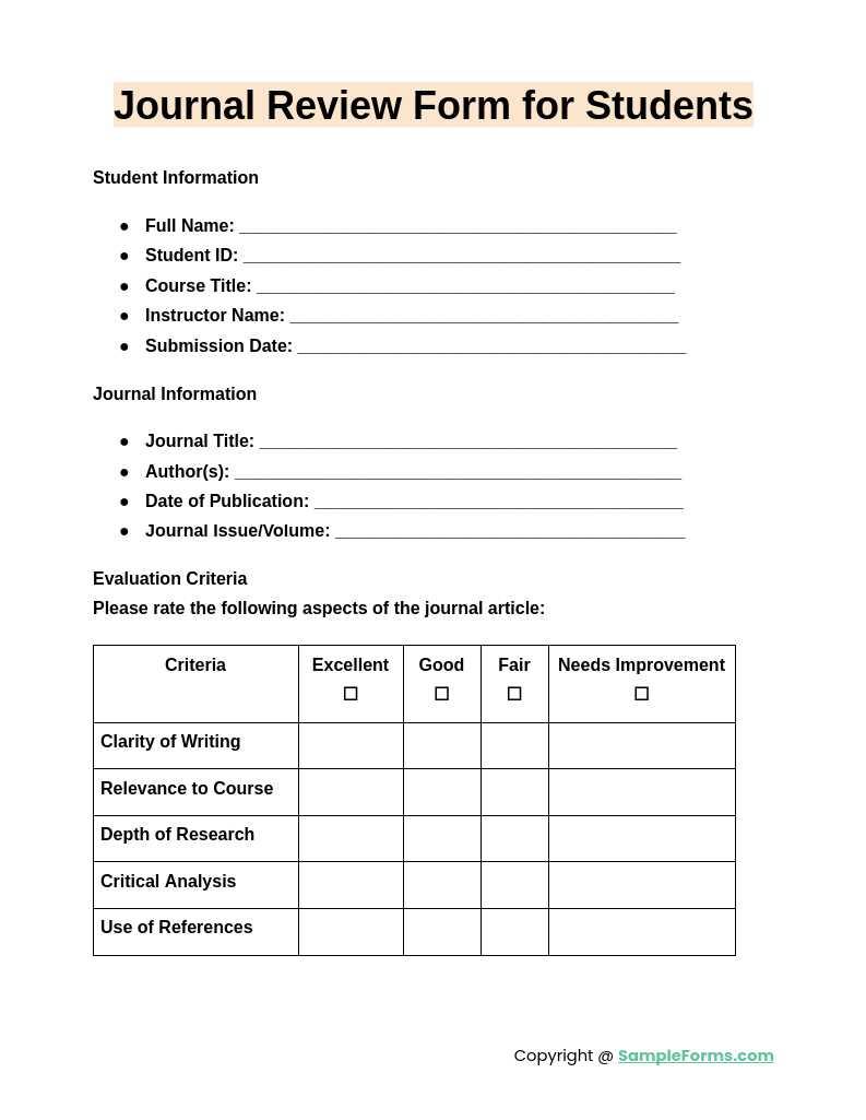 journal review form for students