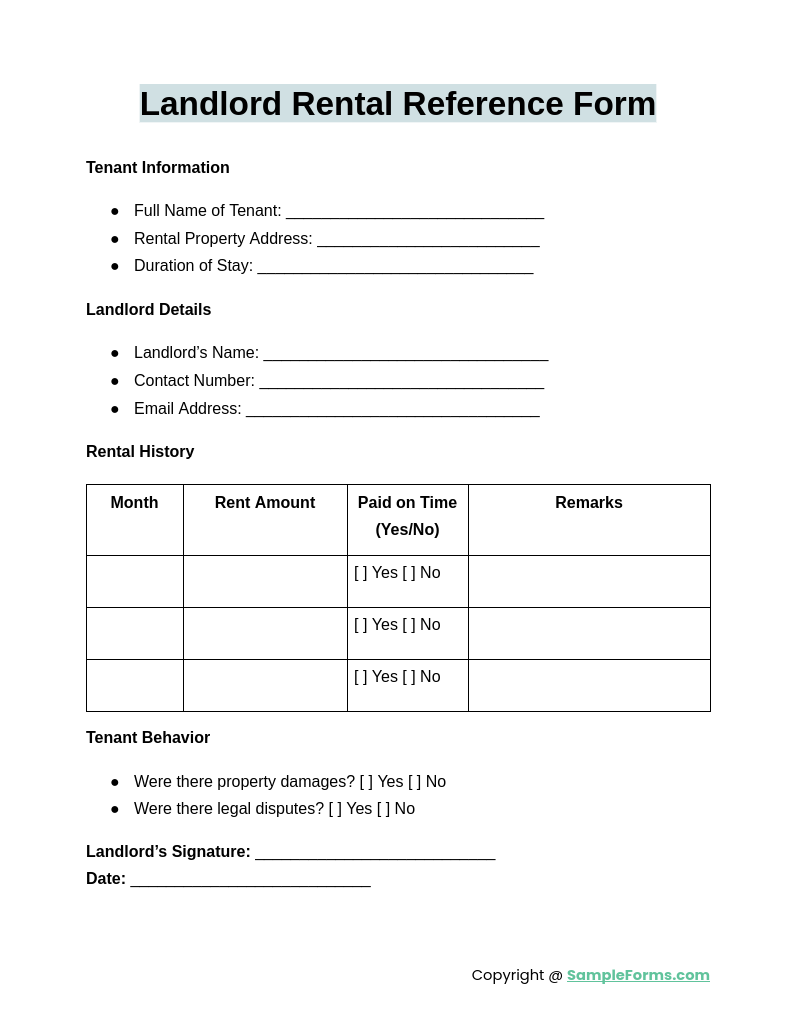 landlord rental reference form