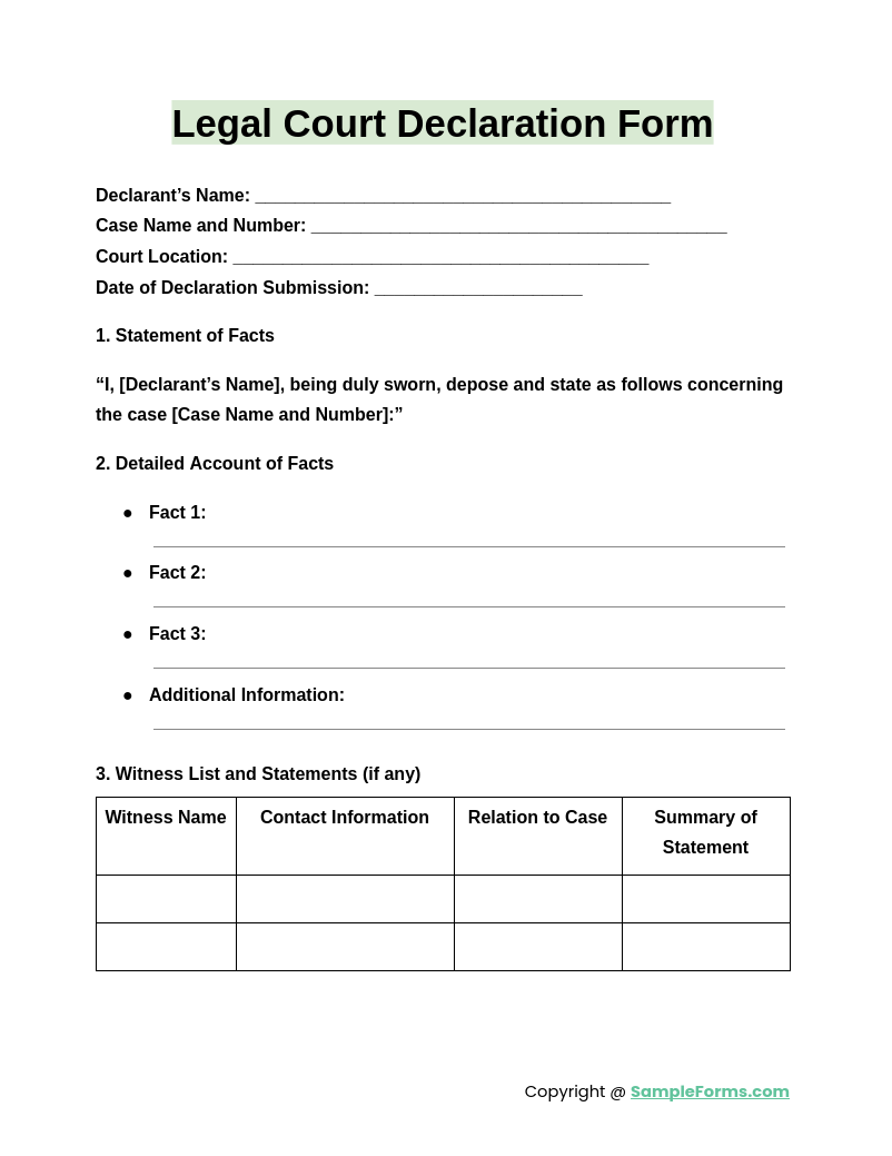 legal court declaration form