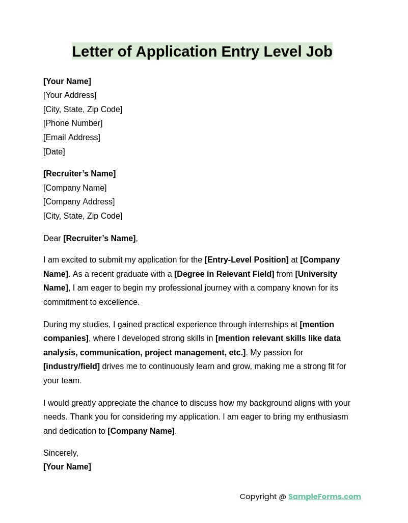 letter of application entry level job