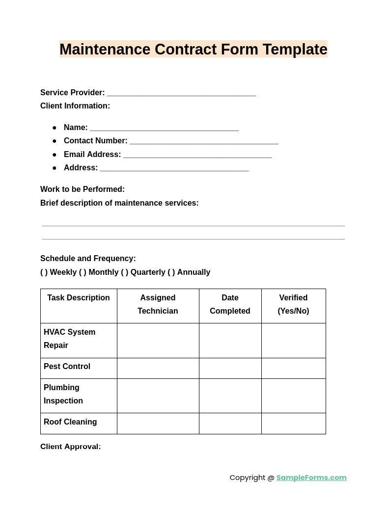 maintenance contract form template