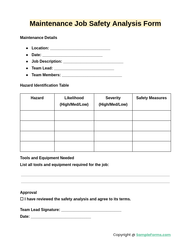 maintenance job safety analysis form