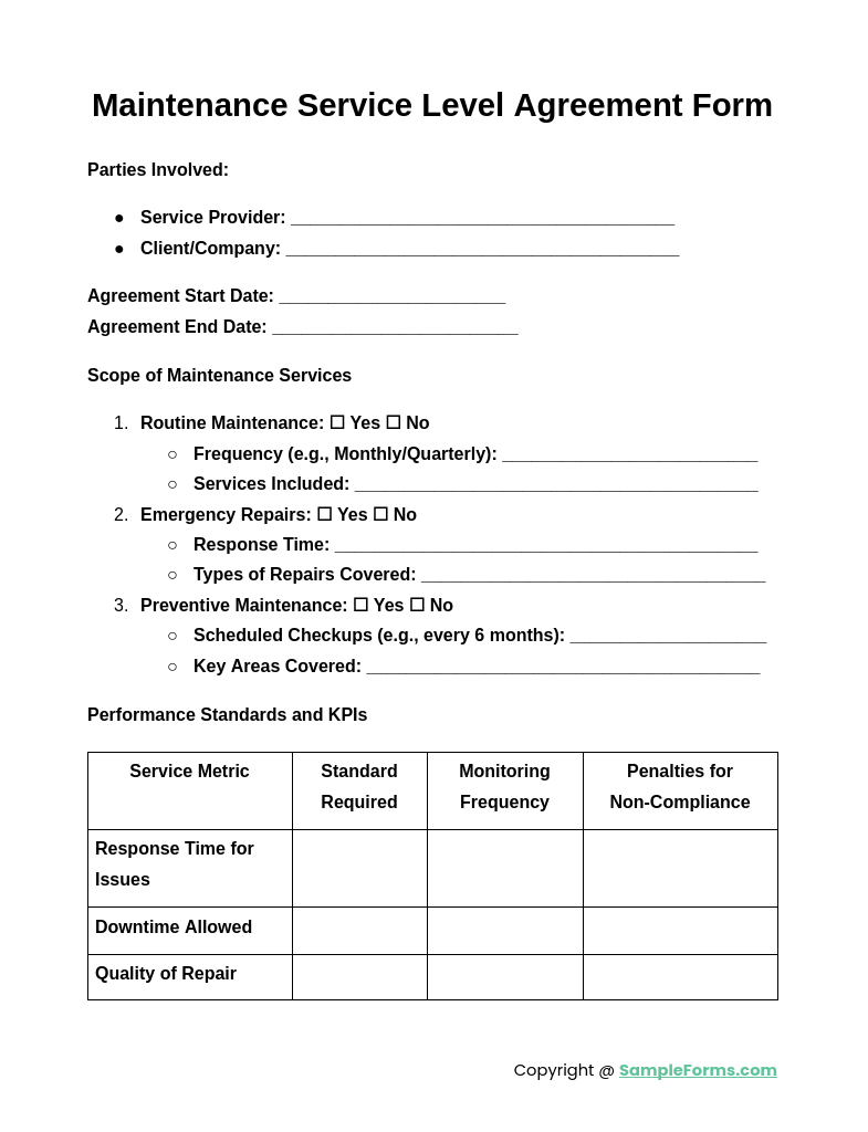 maintenance service level agreement form