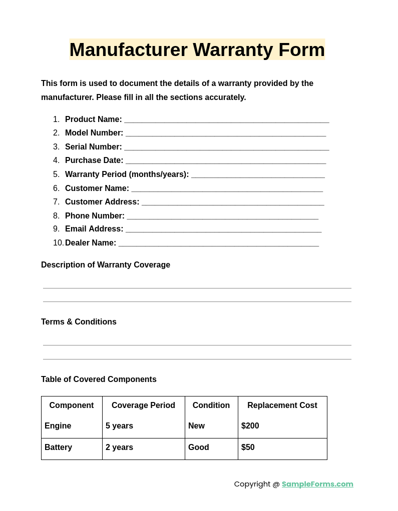 manufacturer warranty form