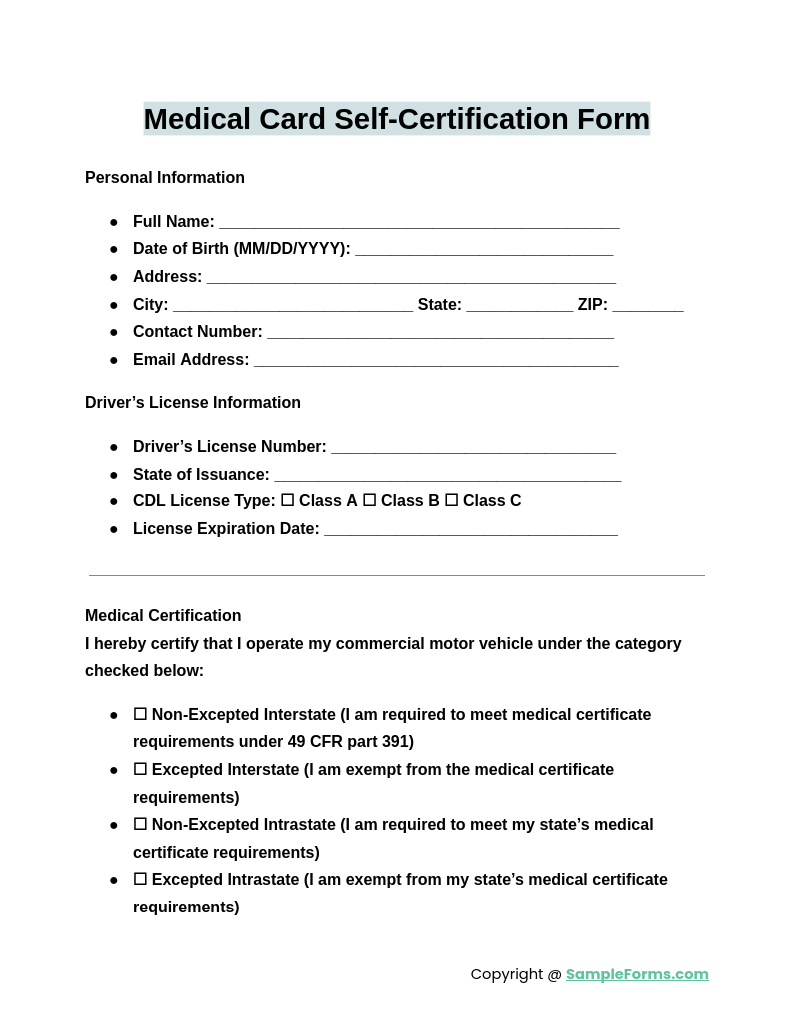 medical card self certification form