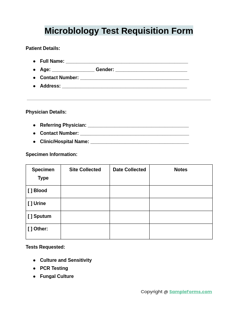 microblology test requisition form