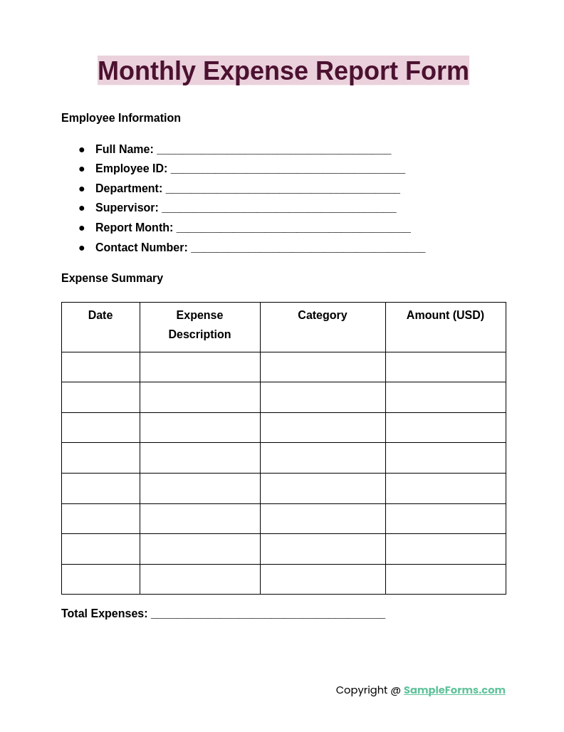 monthly expense report form