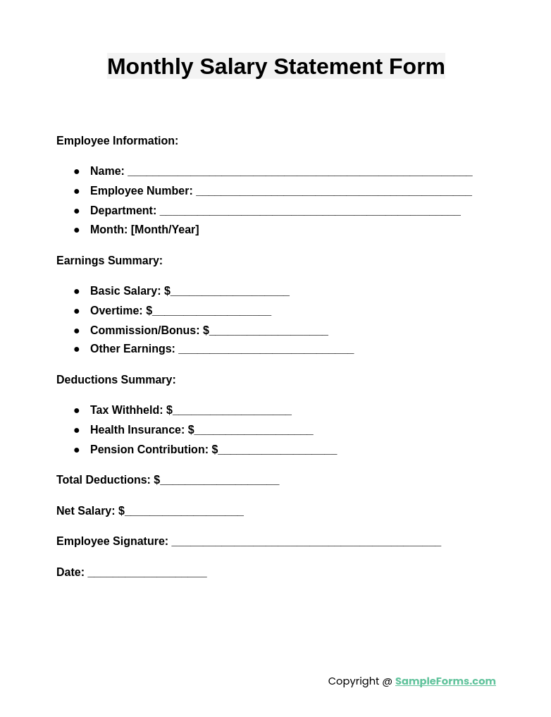 monthly salary statement form