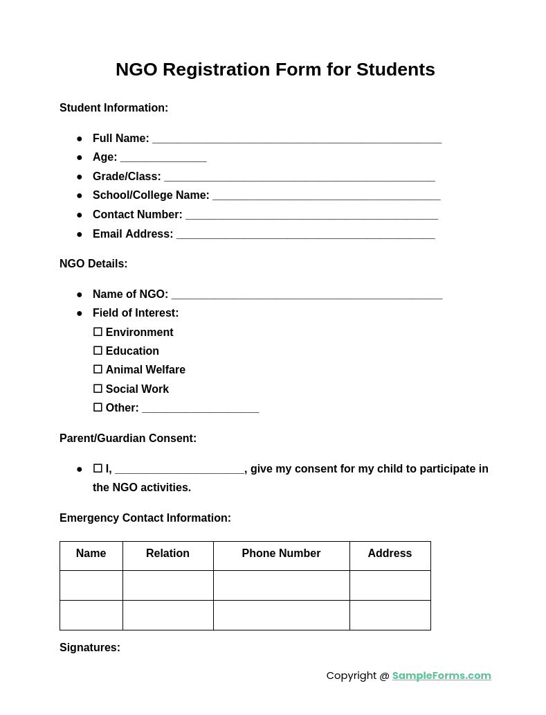 ngo registration form for students