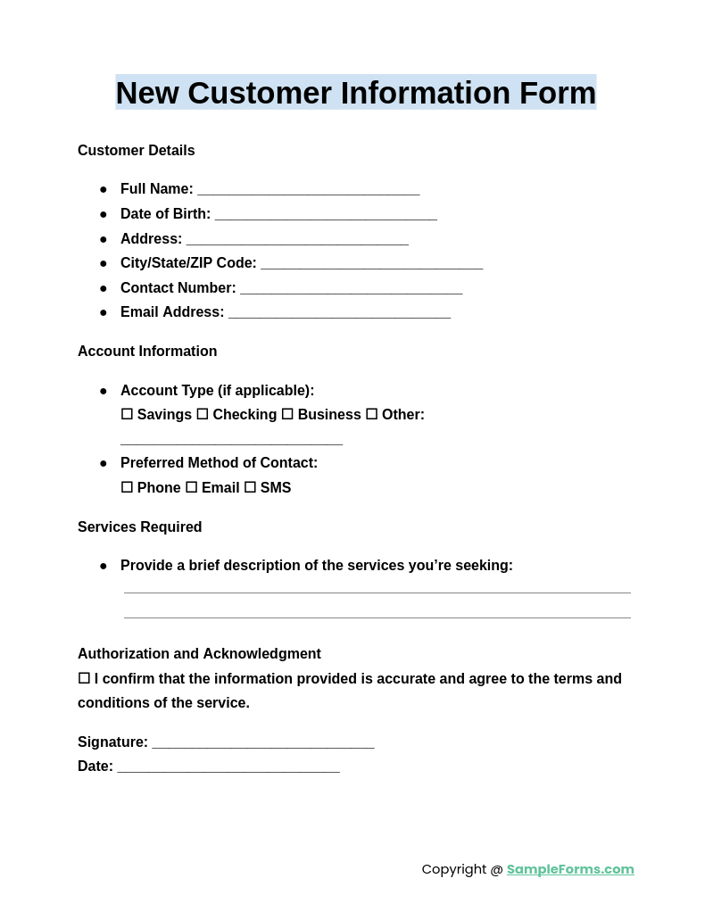 new customer information form