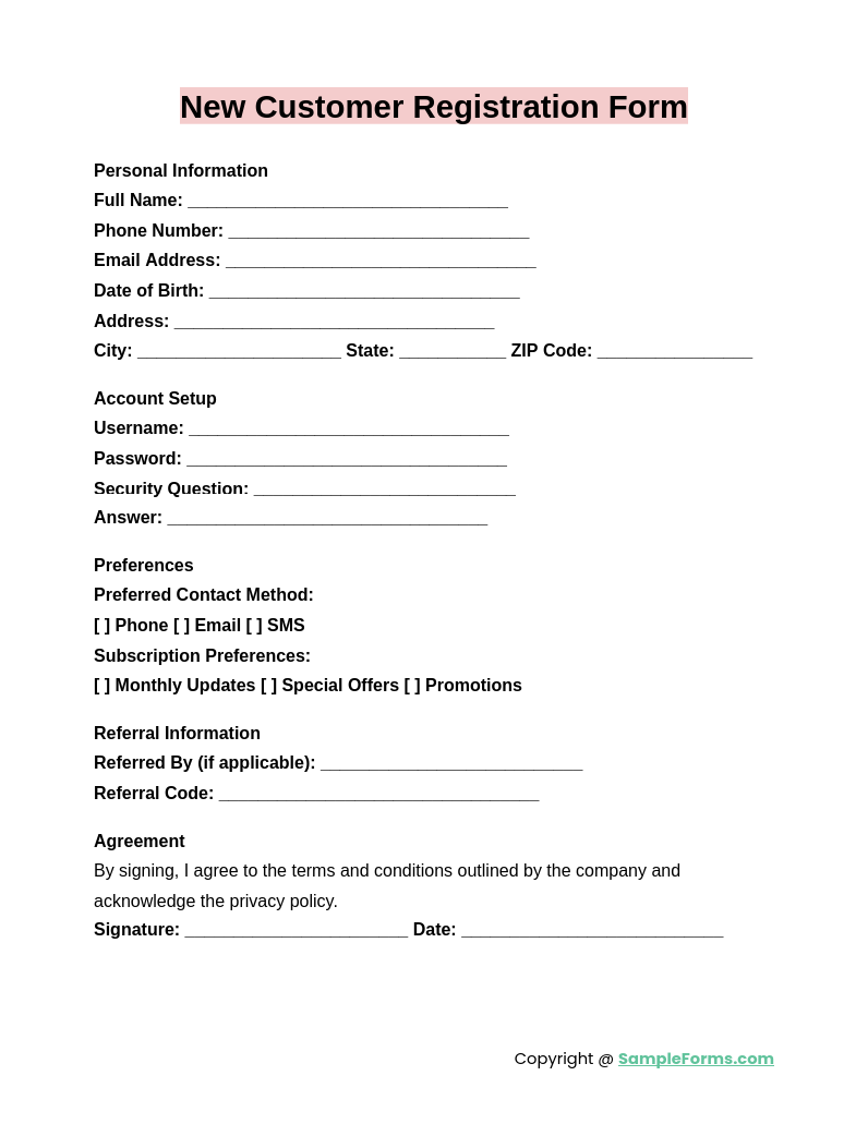 new customer registration form