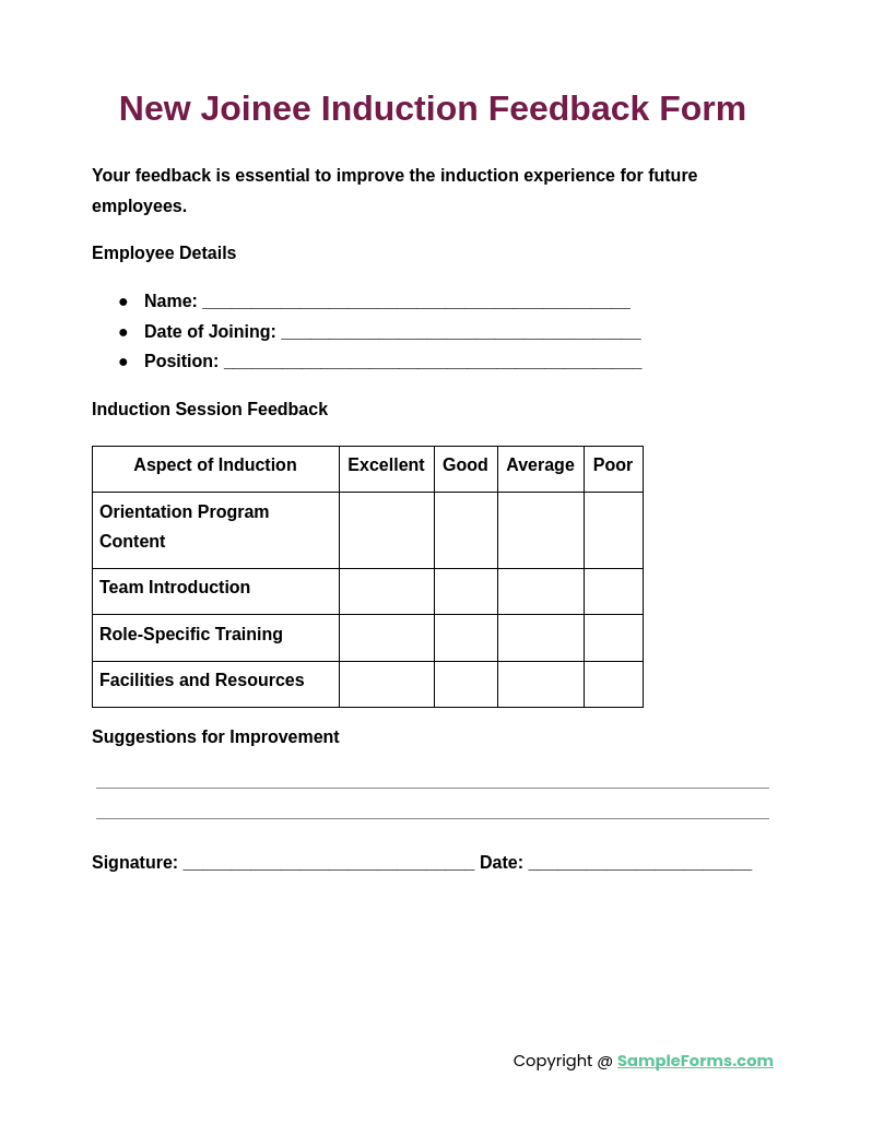 new joinee induction feedback form