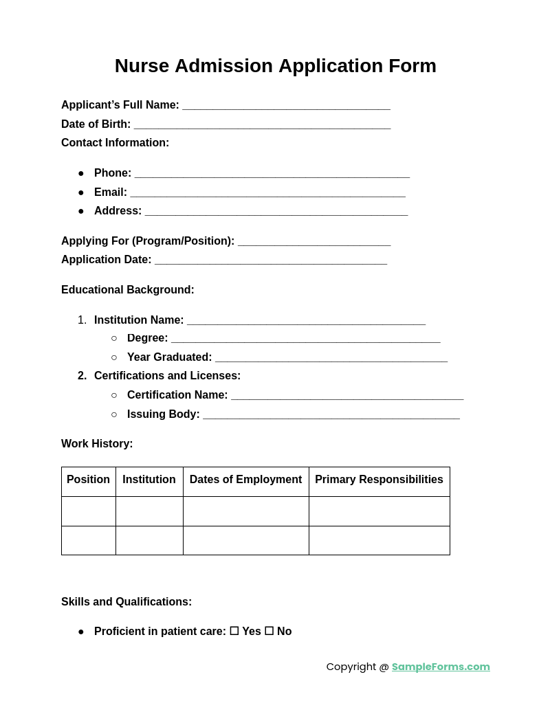 nurse admission application form