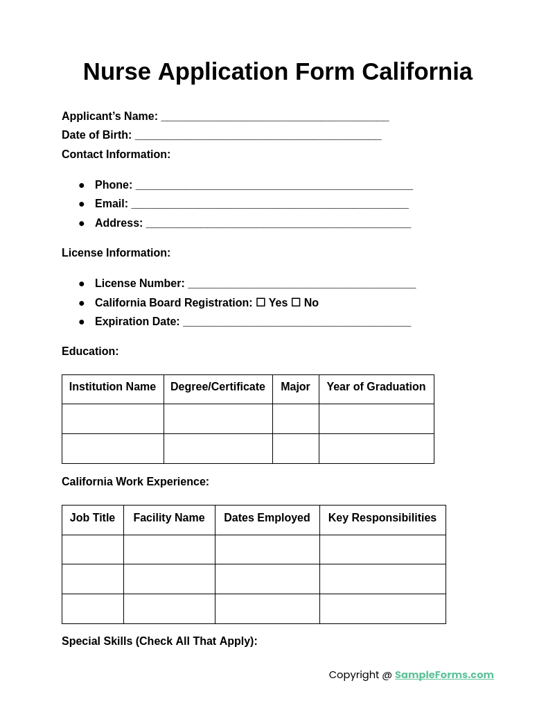 nurse application form california