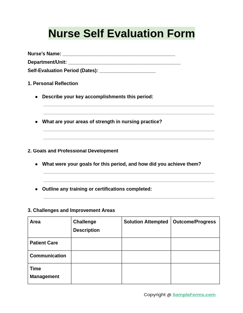 nurse self evaluation form