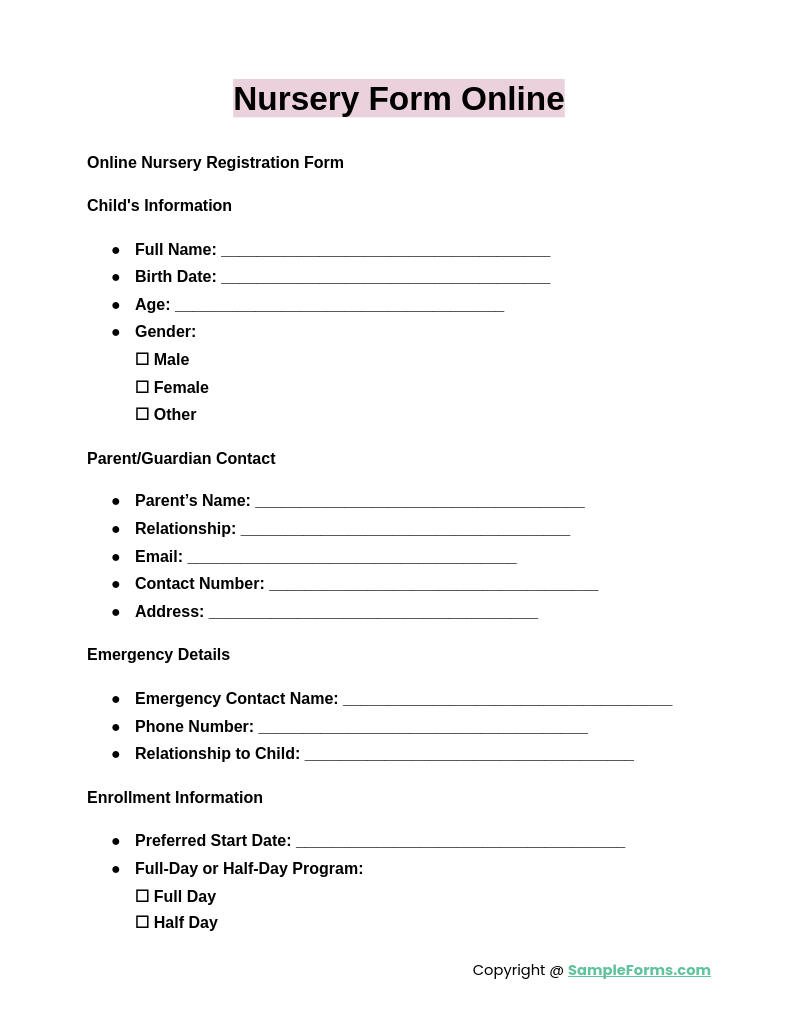 nursery form online