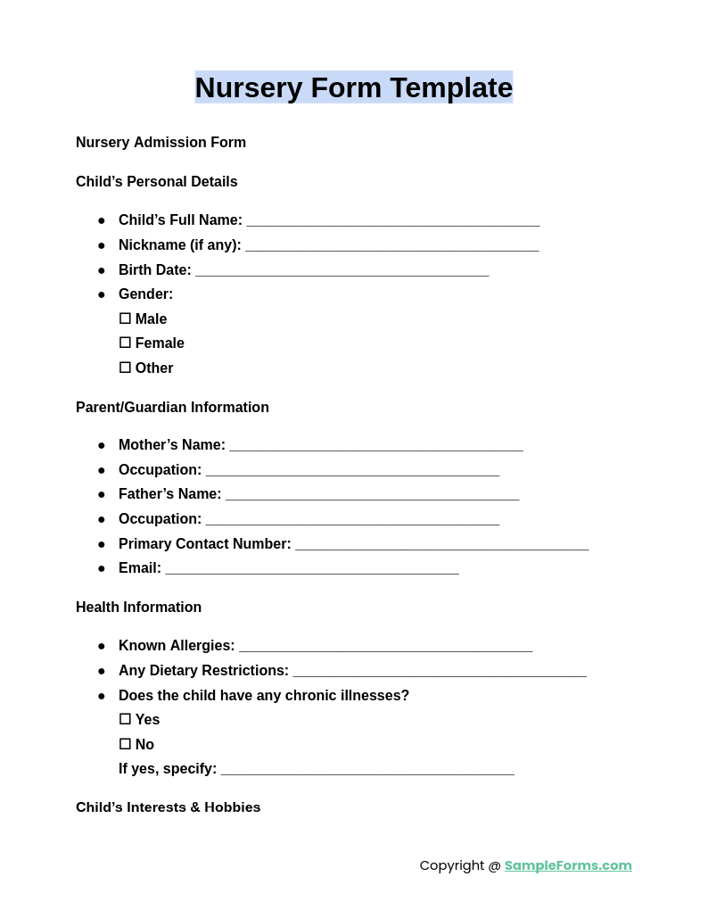 nursery form template