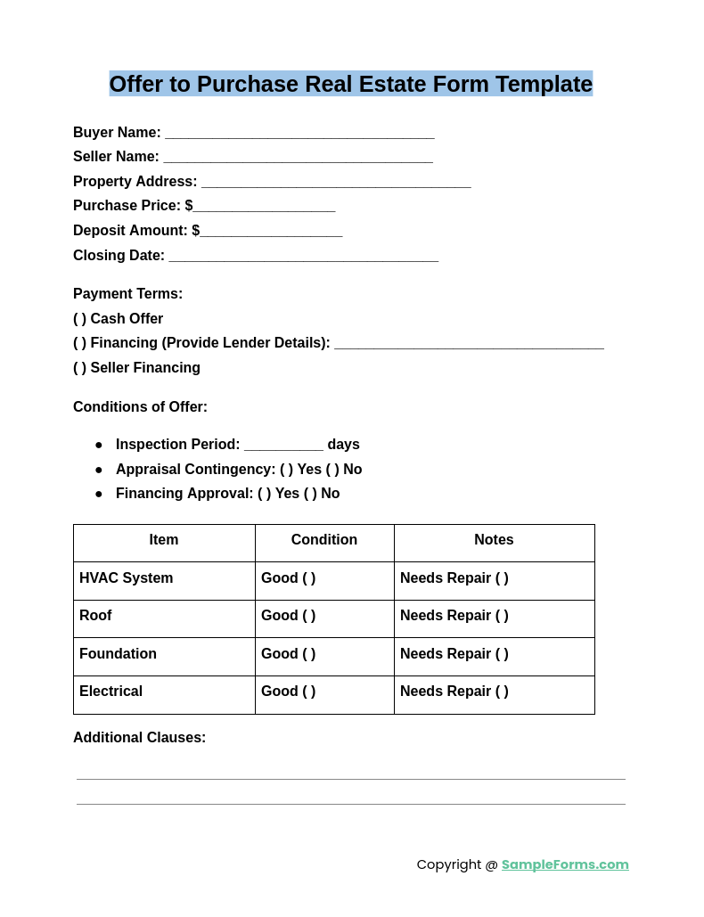 offer to purchase real estate form template