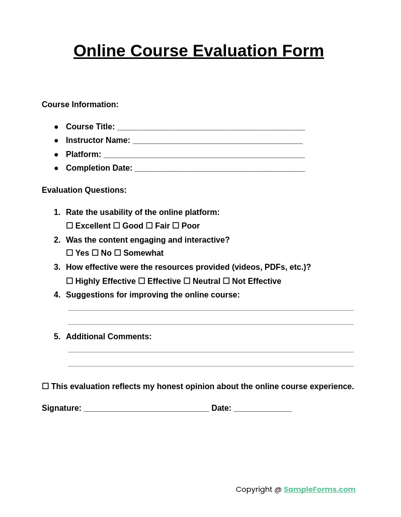 online course evaluation form