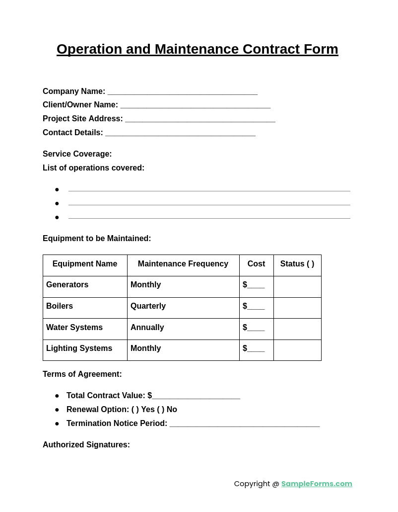 operation and maintenance contract form