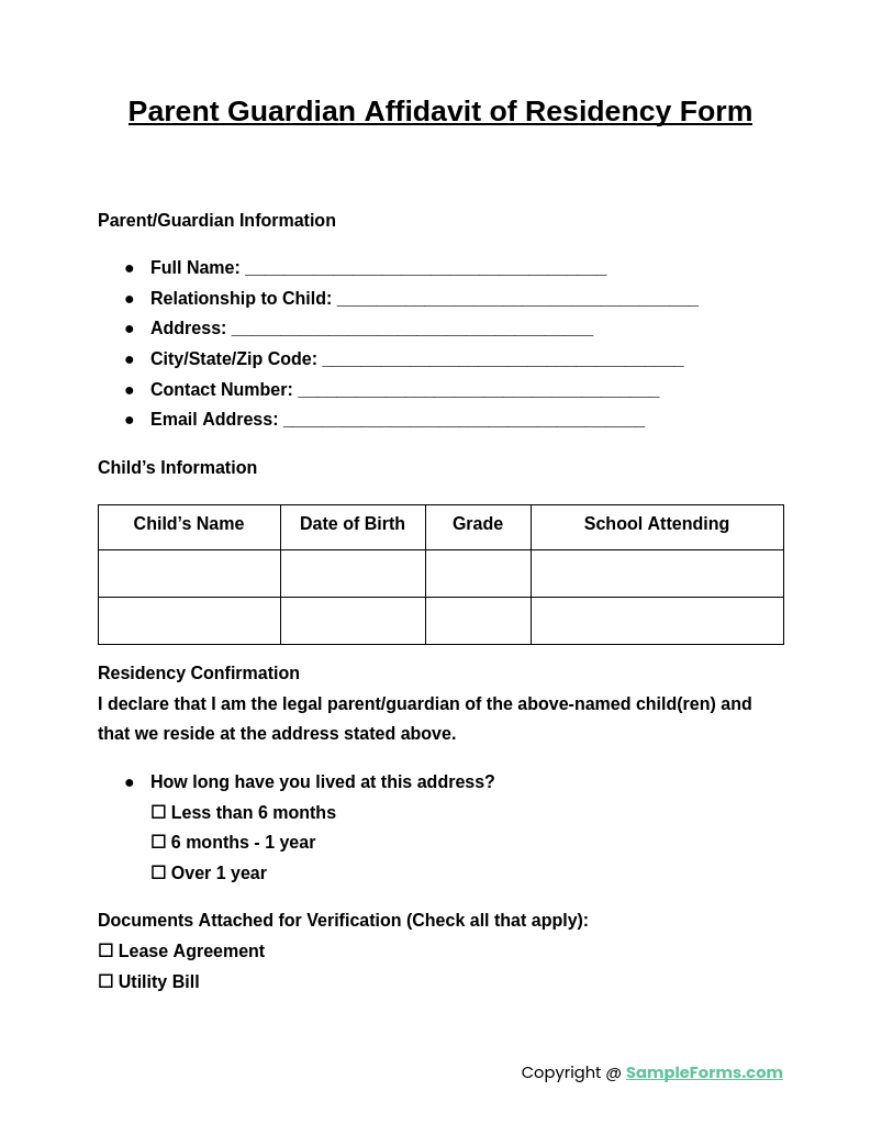 parent guardian affidavit of residency form