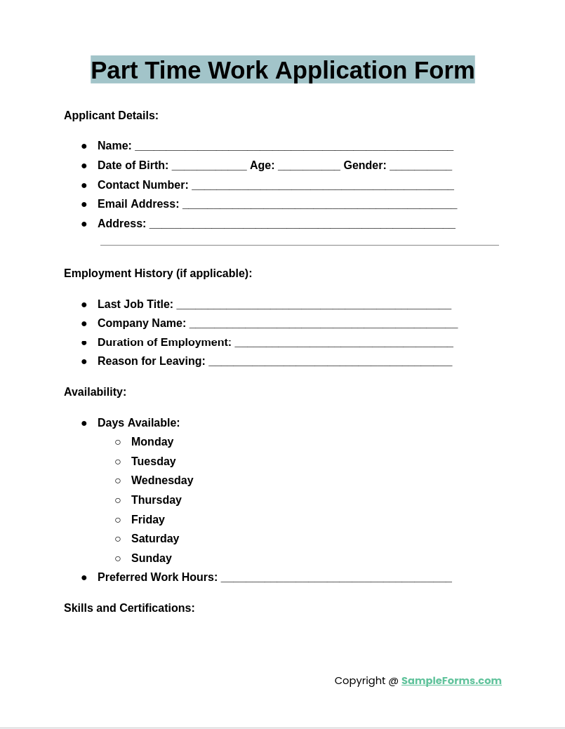 part time work application form