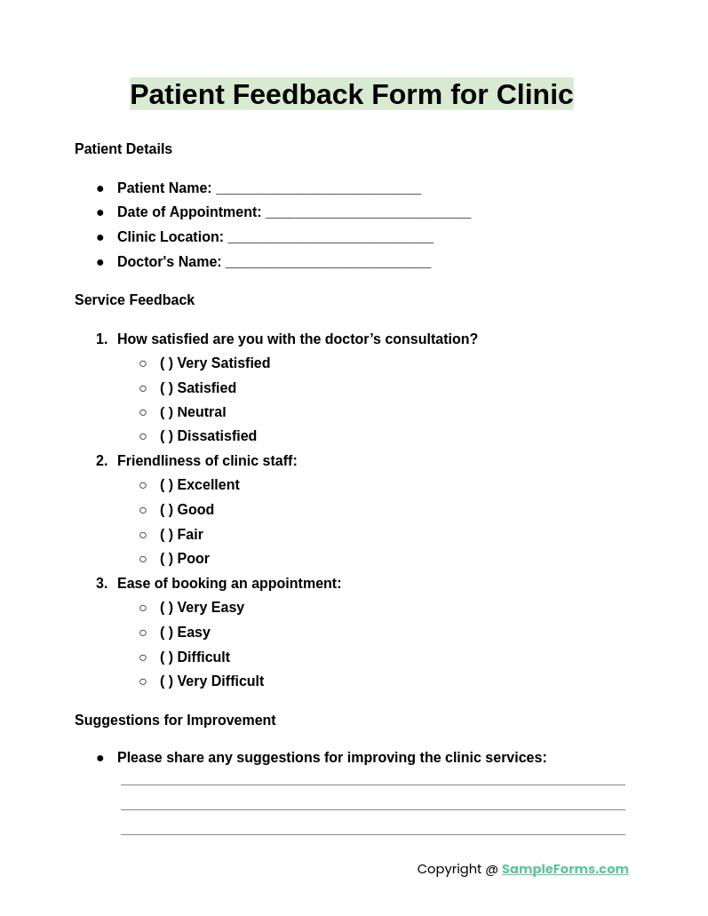 patient feedback form for clinic