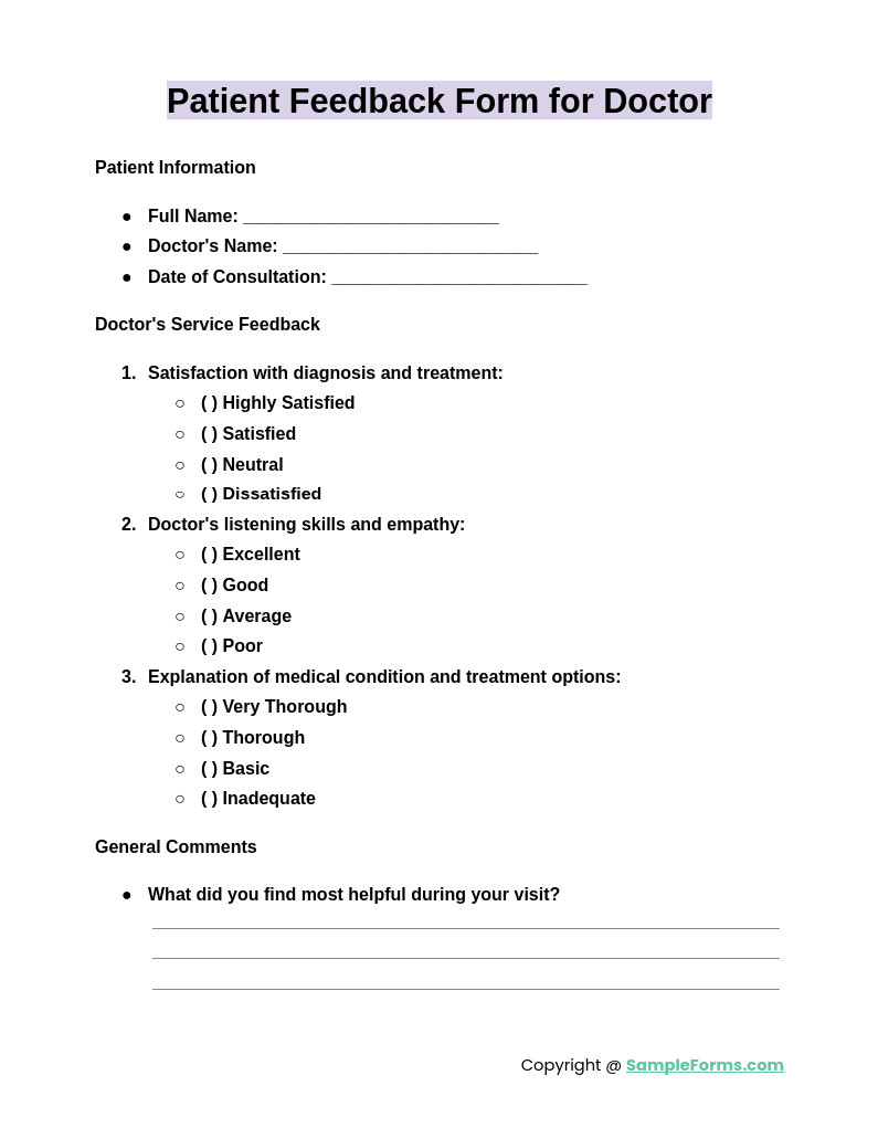 patient feedback form for doctor