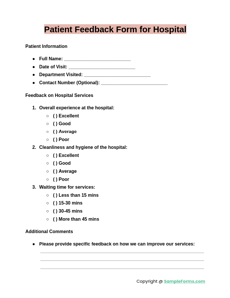 patient feedback form for hospital