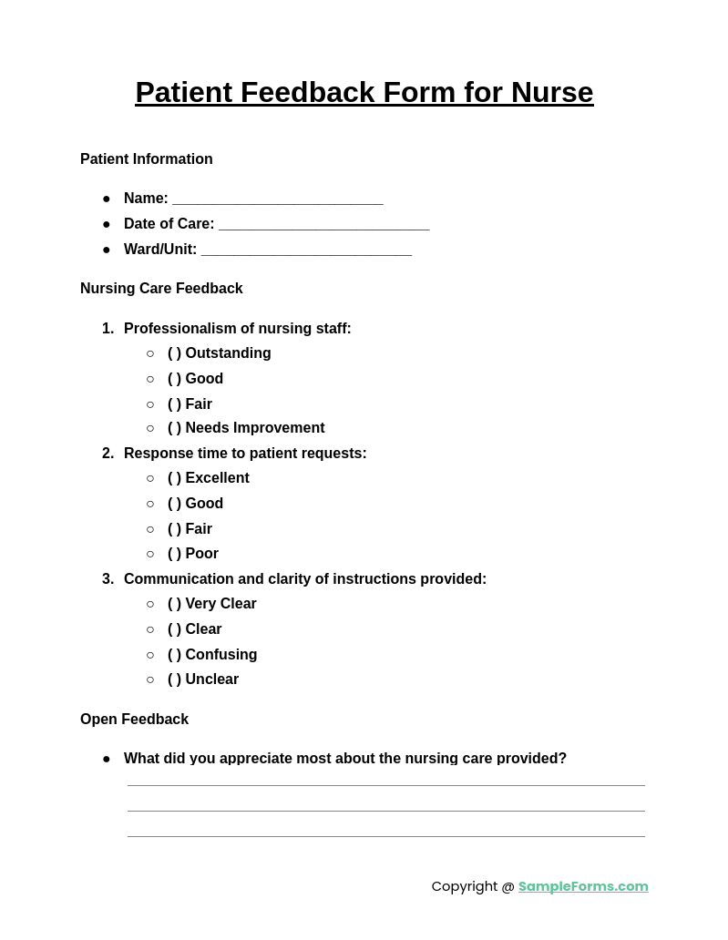 patient feedback form for nurse