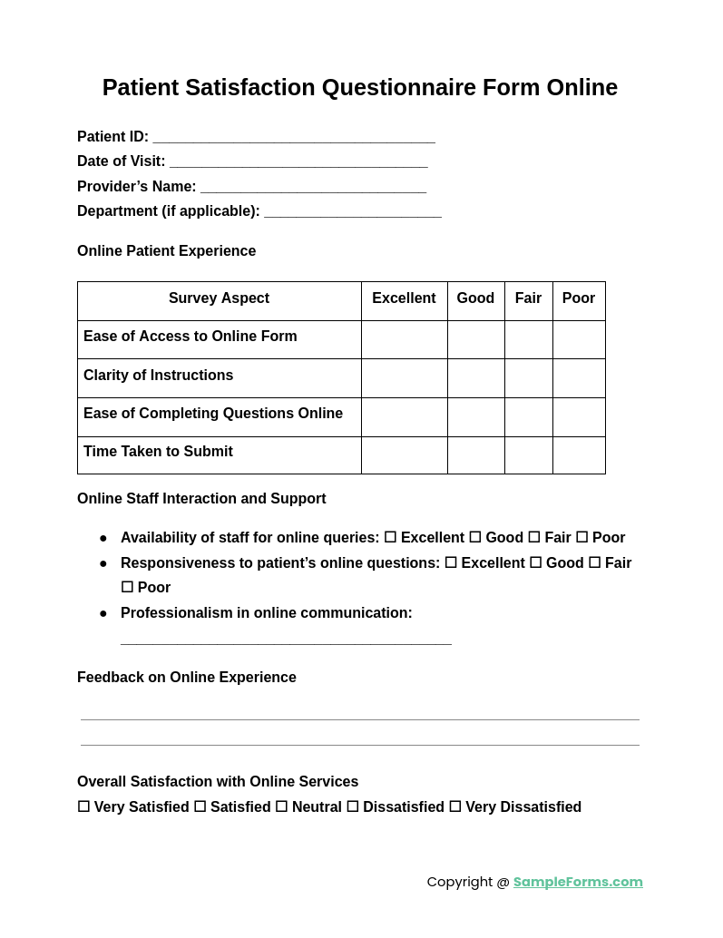 patient satisfaction questionnaire form online