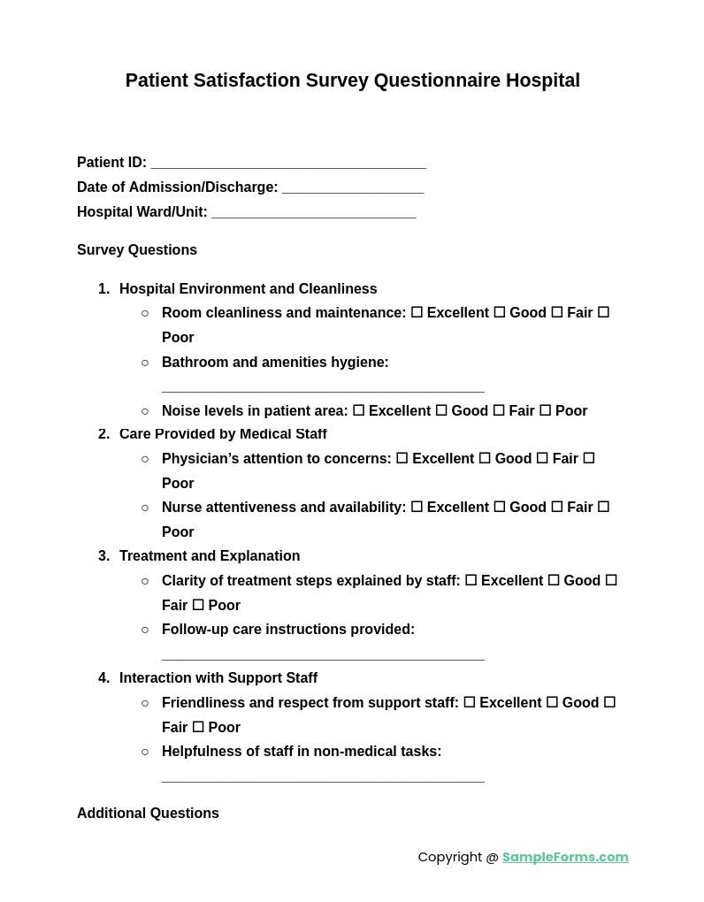 patient satisfaction survey questionnaire hospital