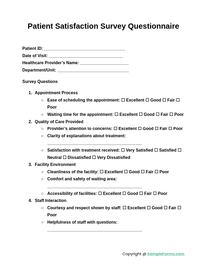 patient satisfaction survey questionnaire