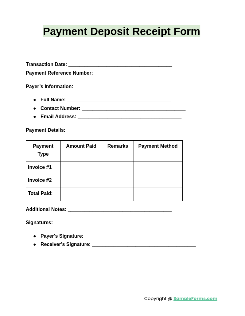 payment deposit receipt form