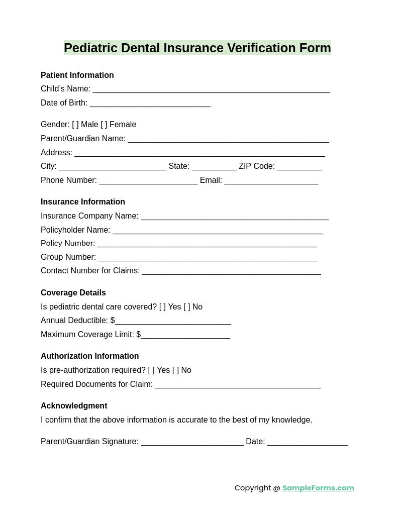 pediatric dental insurance verification form