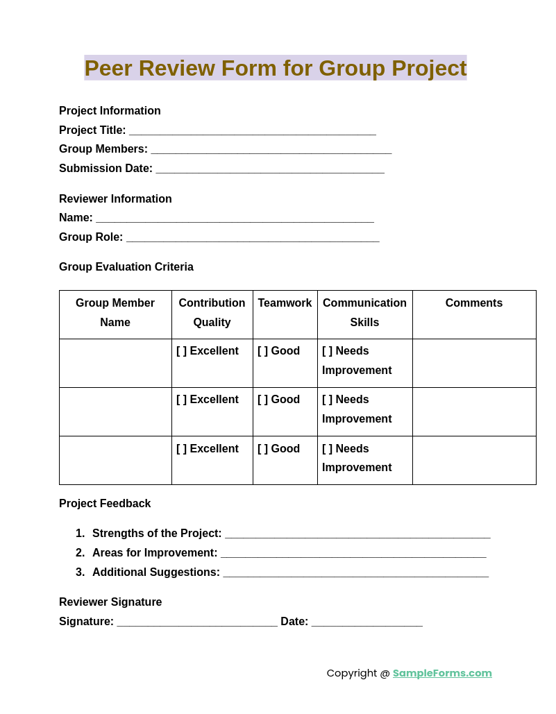 peer review form for group project