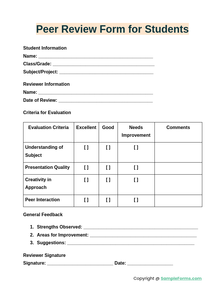 peer review form for students