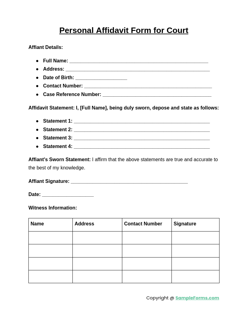 personal affidavit form for court