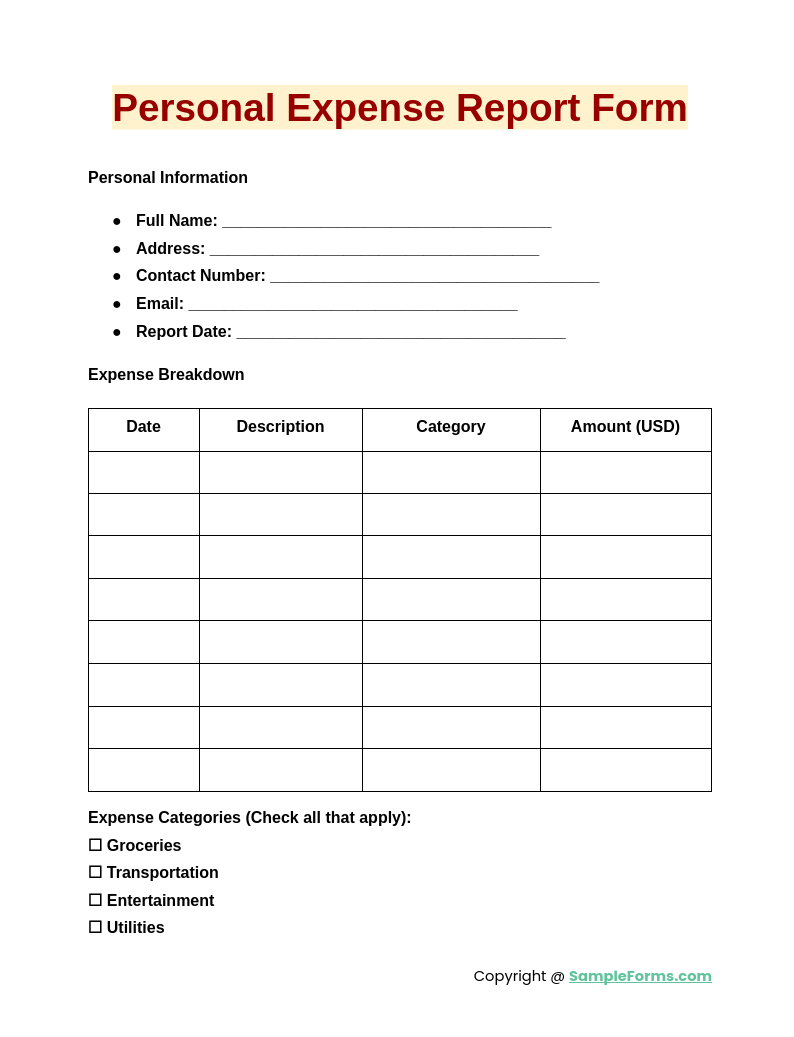 personal expense report form