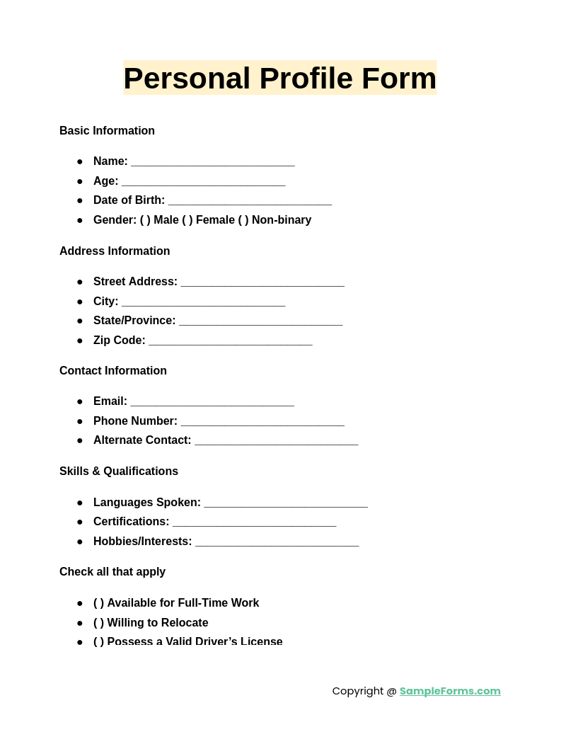 personal profile form