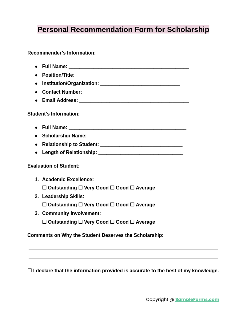 personal recommendation form for scholarship