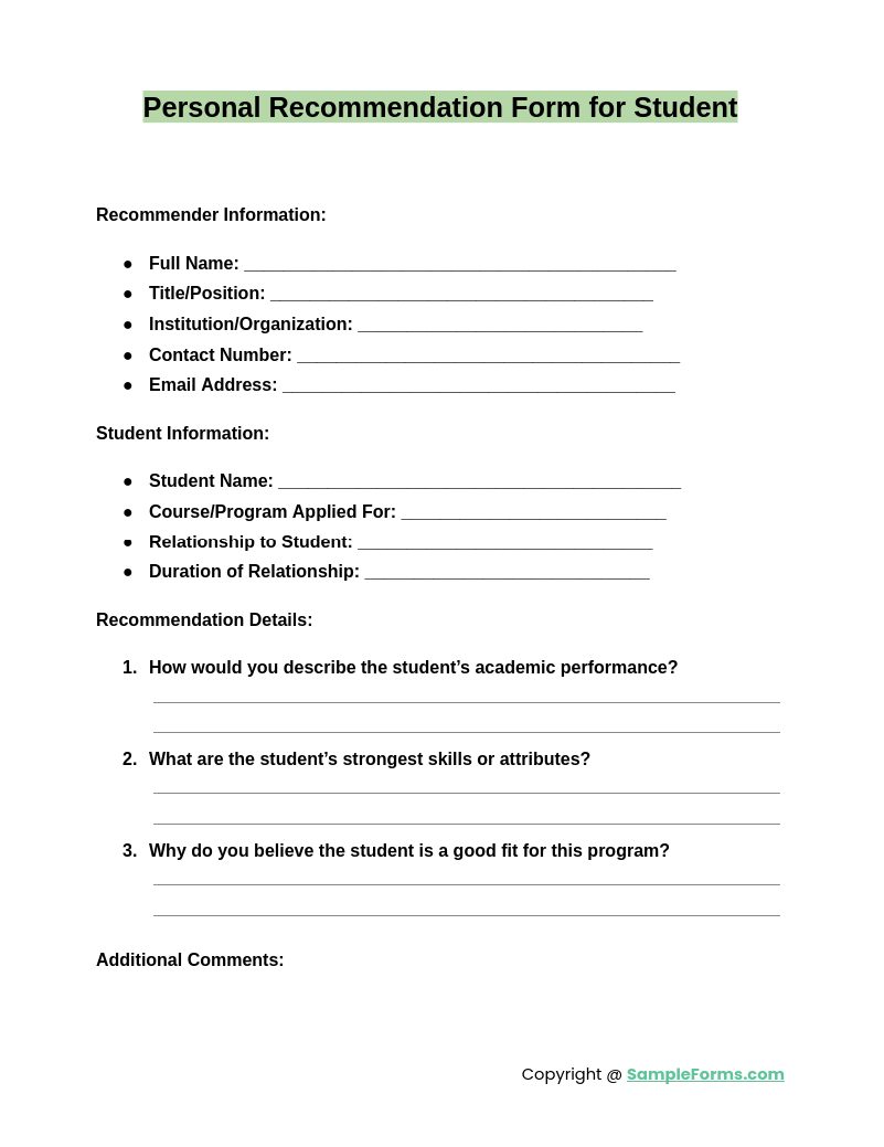 personal recommendation form for student