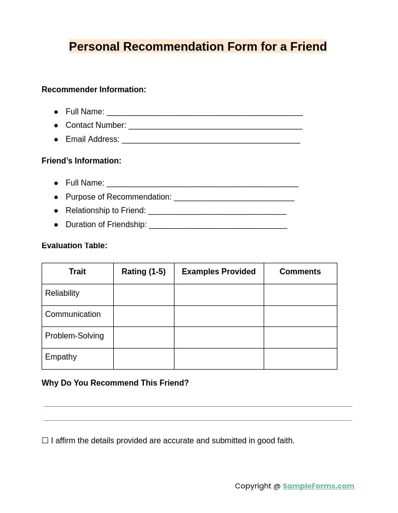 personal recommendation form for a friend